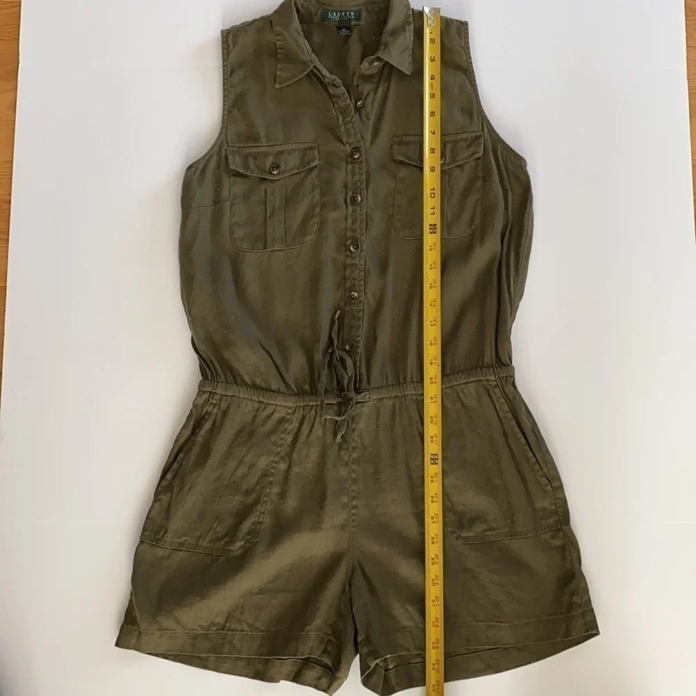Ralph Lauren Army Green Linen Blend Shorts Romper Size 12 Petite - Picture 8 of 12